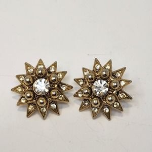 Starburst Clear Crystal Gold Tone Post Earrings Pierced Costume Jewelry Stars